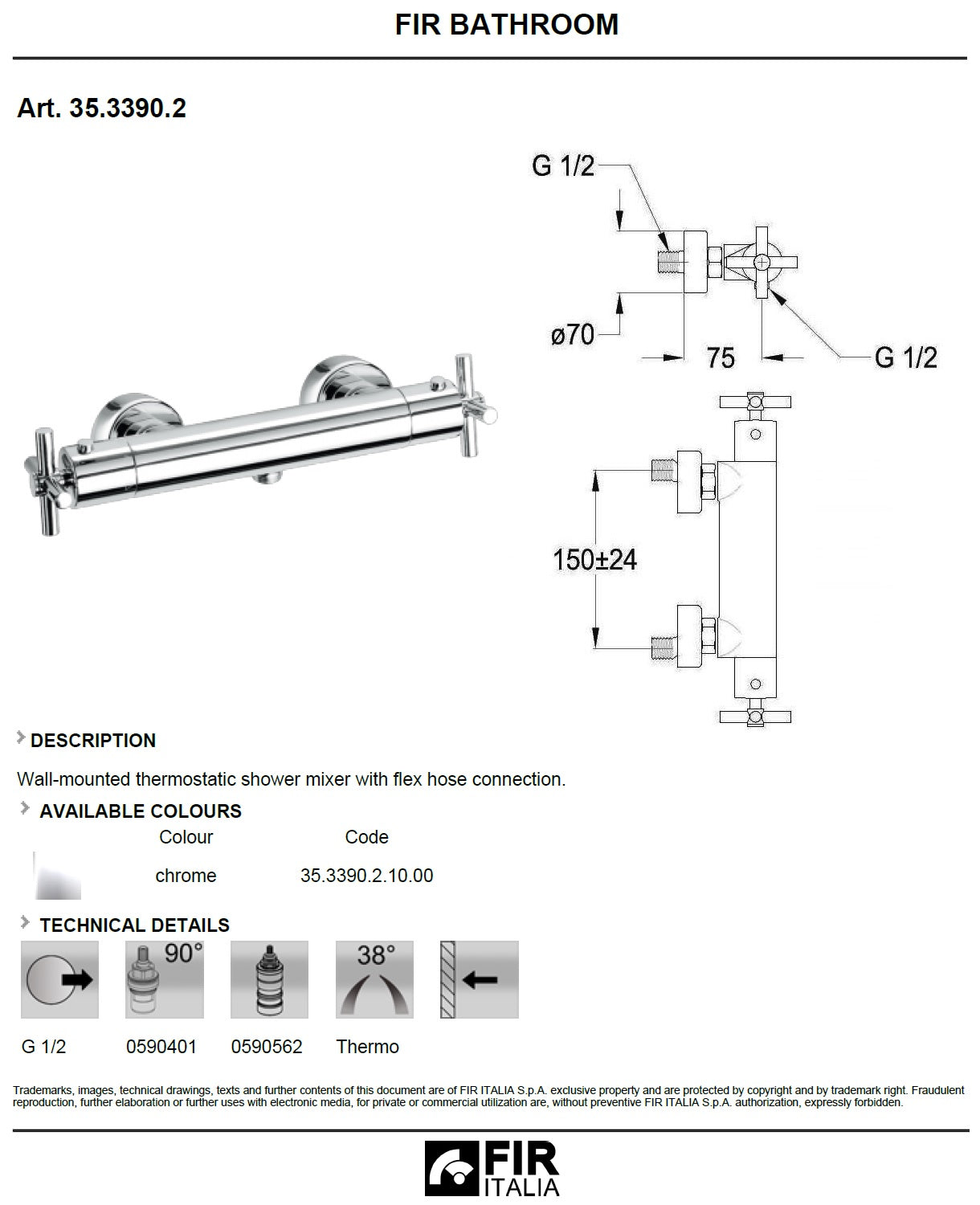 FIR Cora 353390210 Wal Mounted Two Cross Handles Thermostatic Shower Mixer