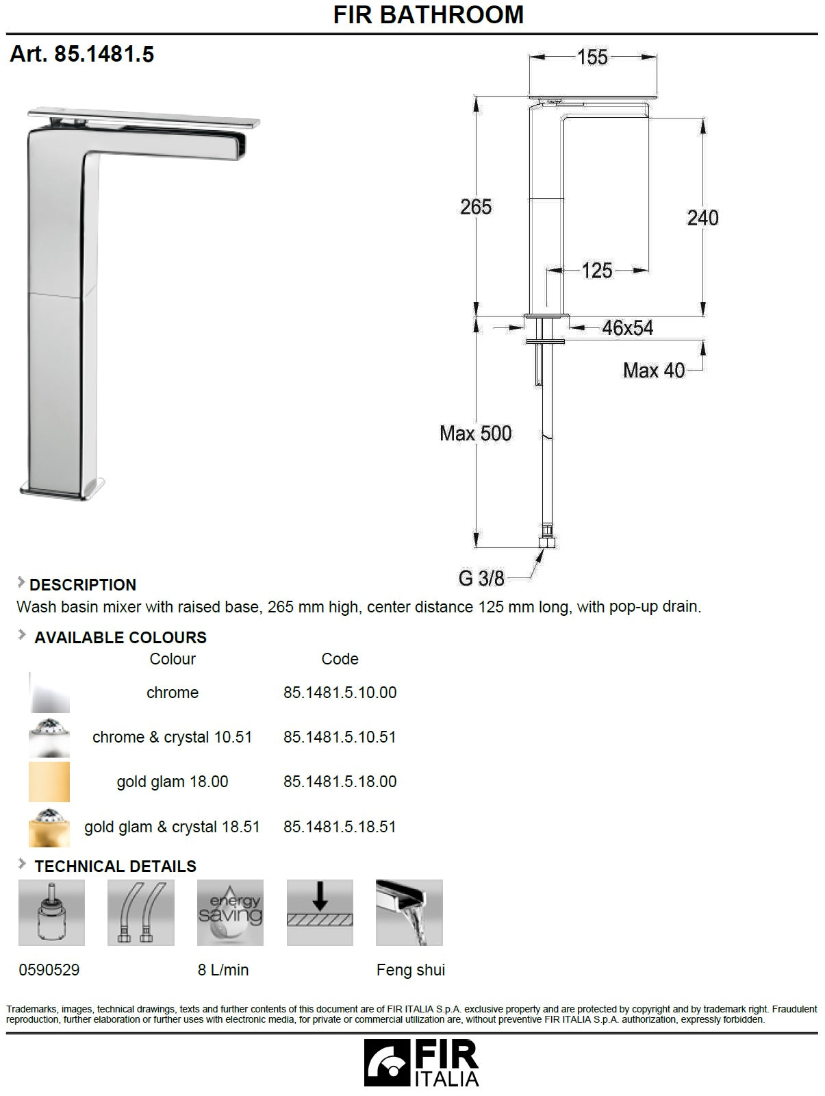 FIR PLAYONE 85.1481.5.10 Tall Wash Basin Mixer w/Flume Spout & w/Pop-up Waste Set