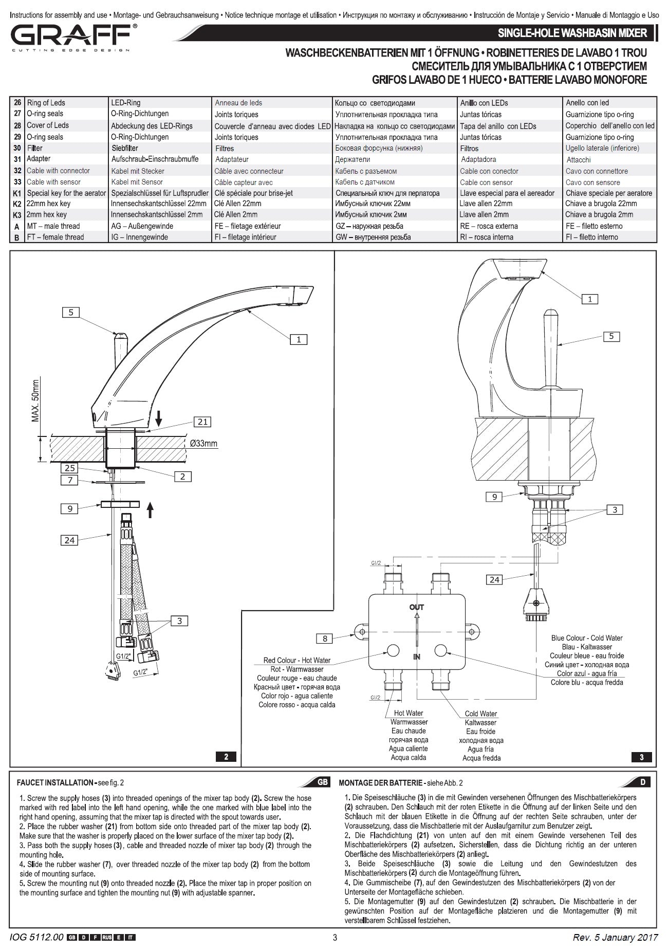 Graff Ametis 5112000 Basin Mixer Electronic Version w/Led + Push-open drain waste