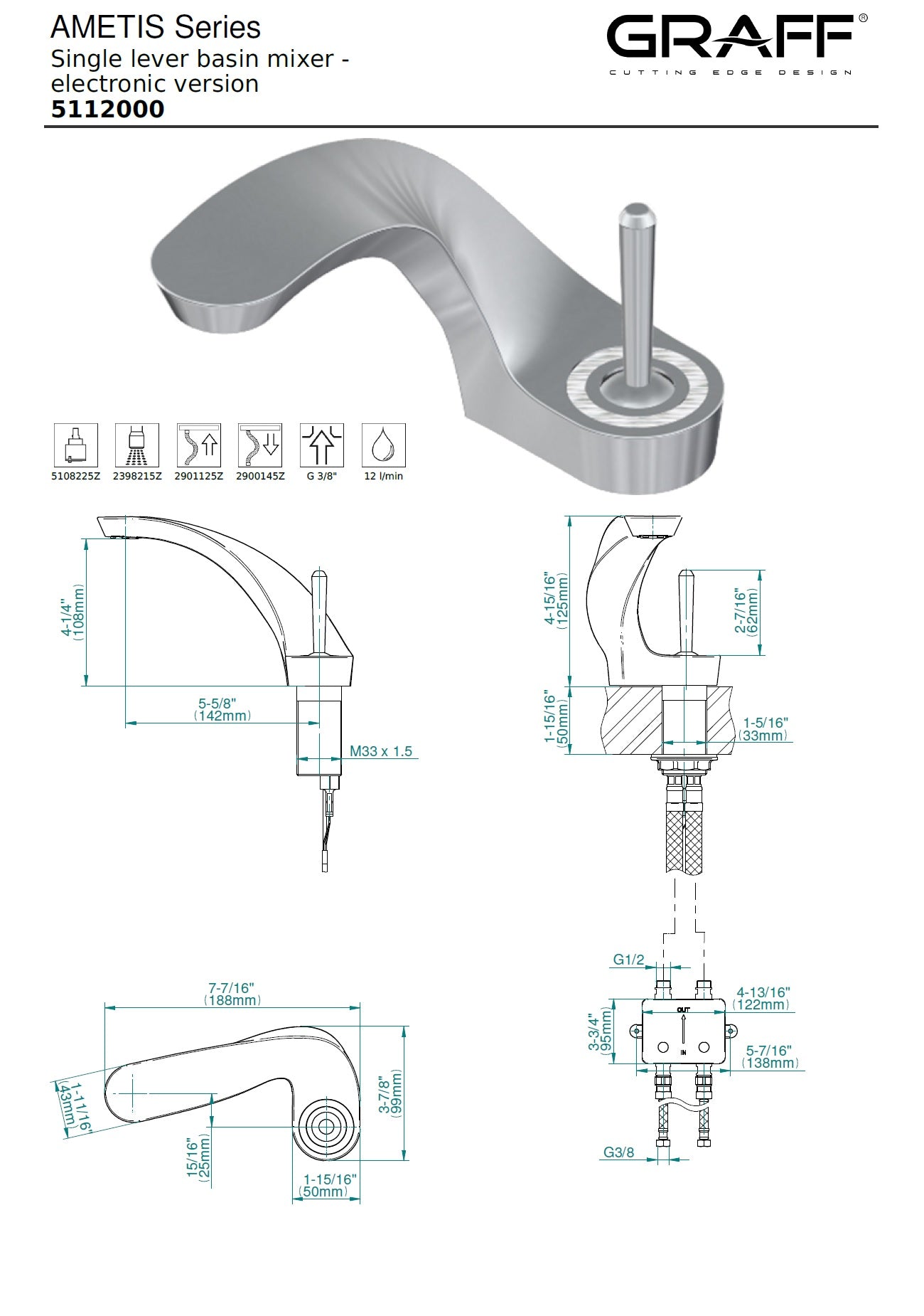 Graff Ametis 5112000 Basin Mixer Electronic Version w/Led + Push-open drain waste