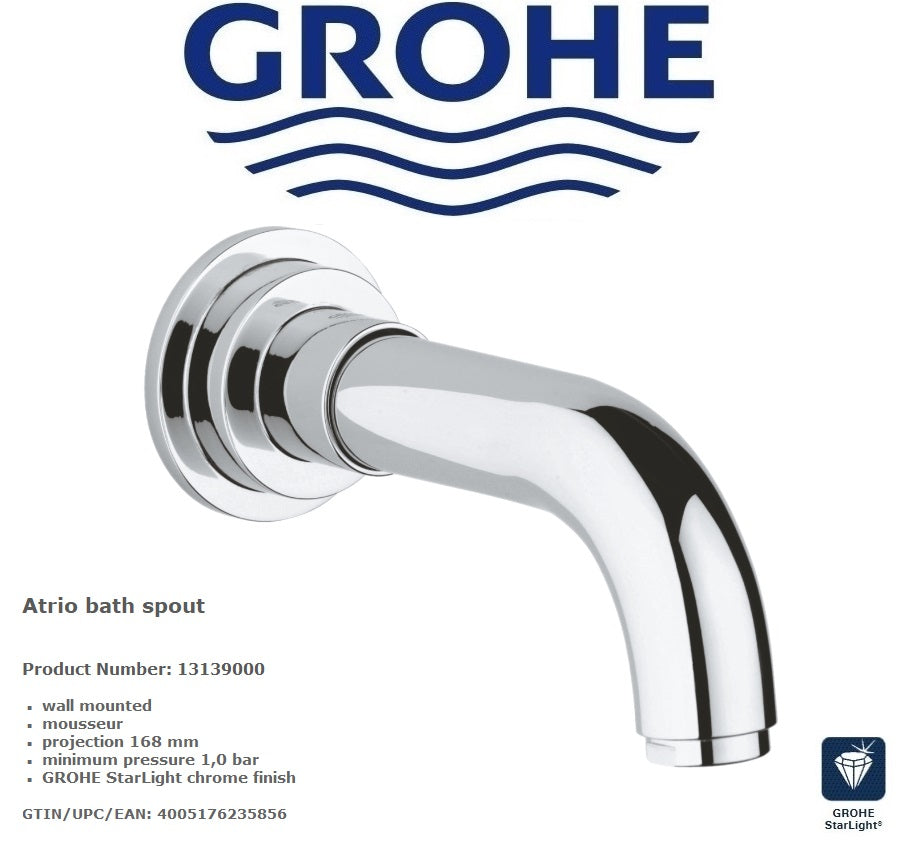 Grohe Atrio 13139000 W.M Bath Spout 168mm Projection w/Mousseur G 3/4