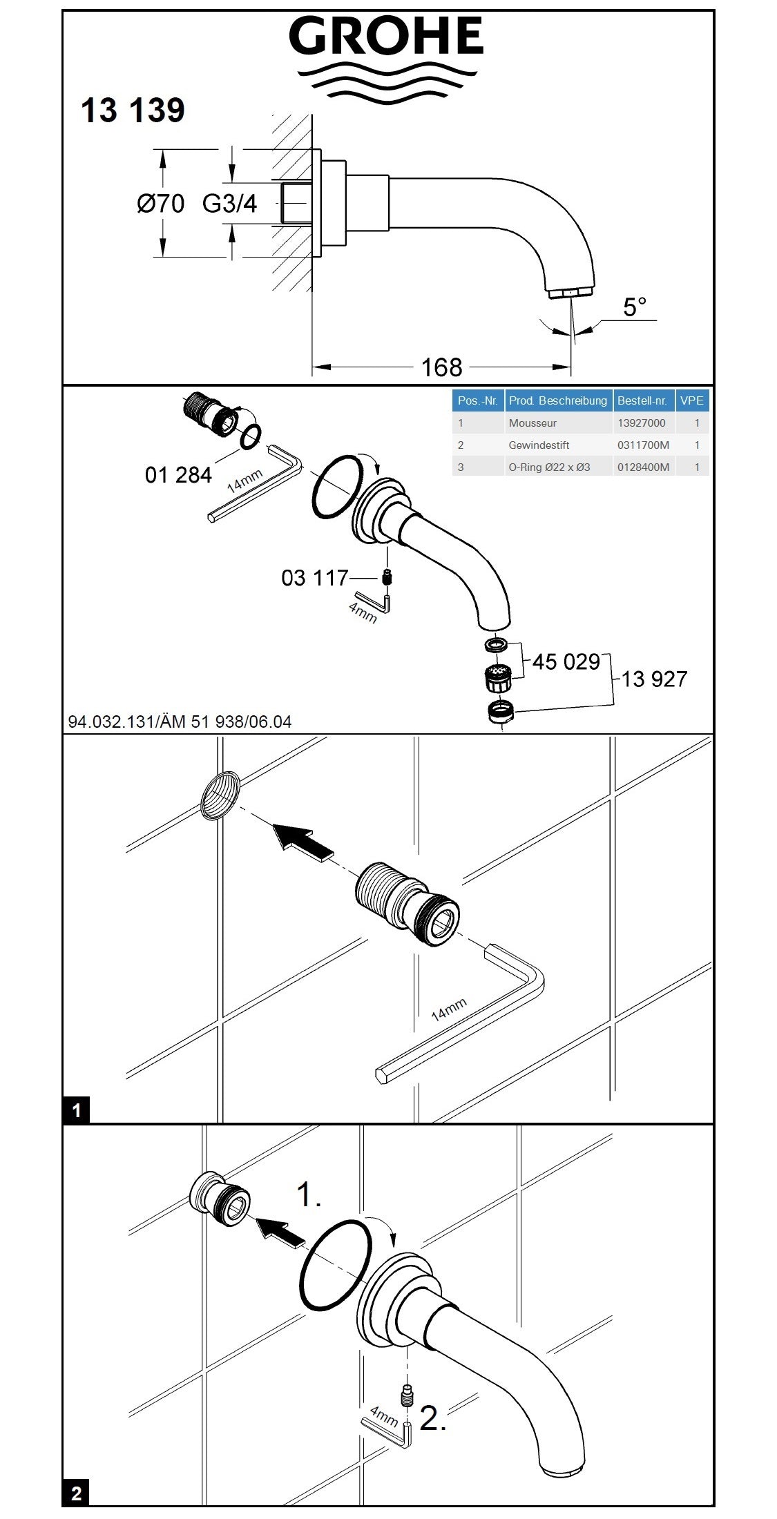 Grohe Atrio 13139000 W.M Bath Spout 168mm Projection w/Mousseur G 3/4