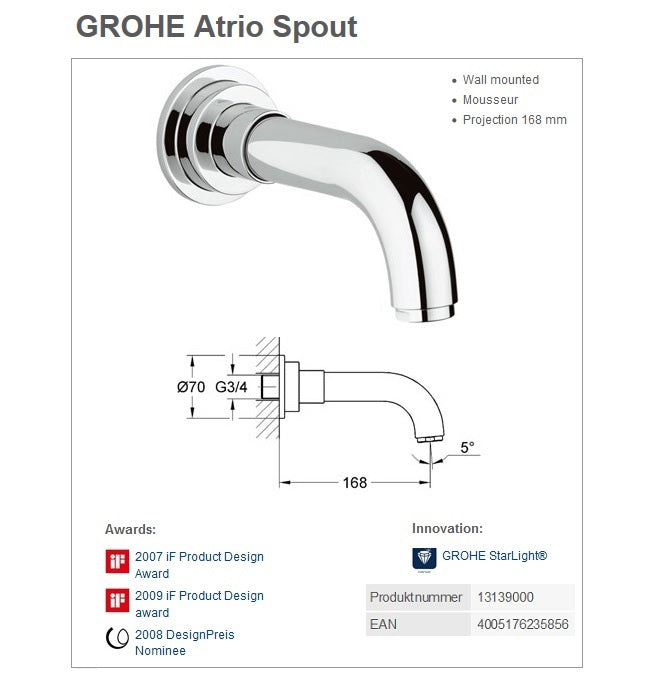 Grohe Atrio 13139000 W.M Bath Spout 168mm Projection w/Mousseur G 3/4