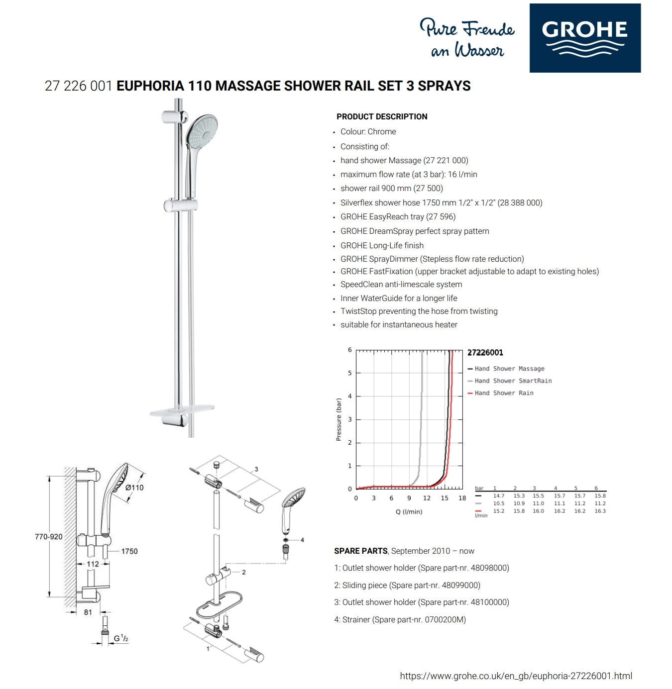 Grohe Euphoria 27226001 3-spray massage shower set 900mm w/1750mm shower hose