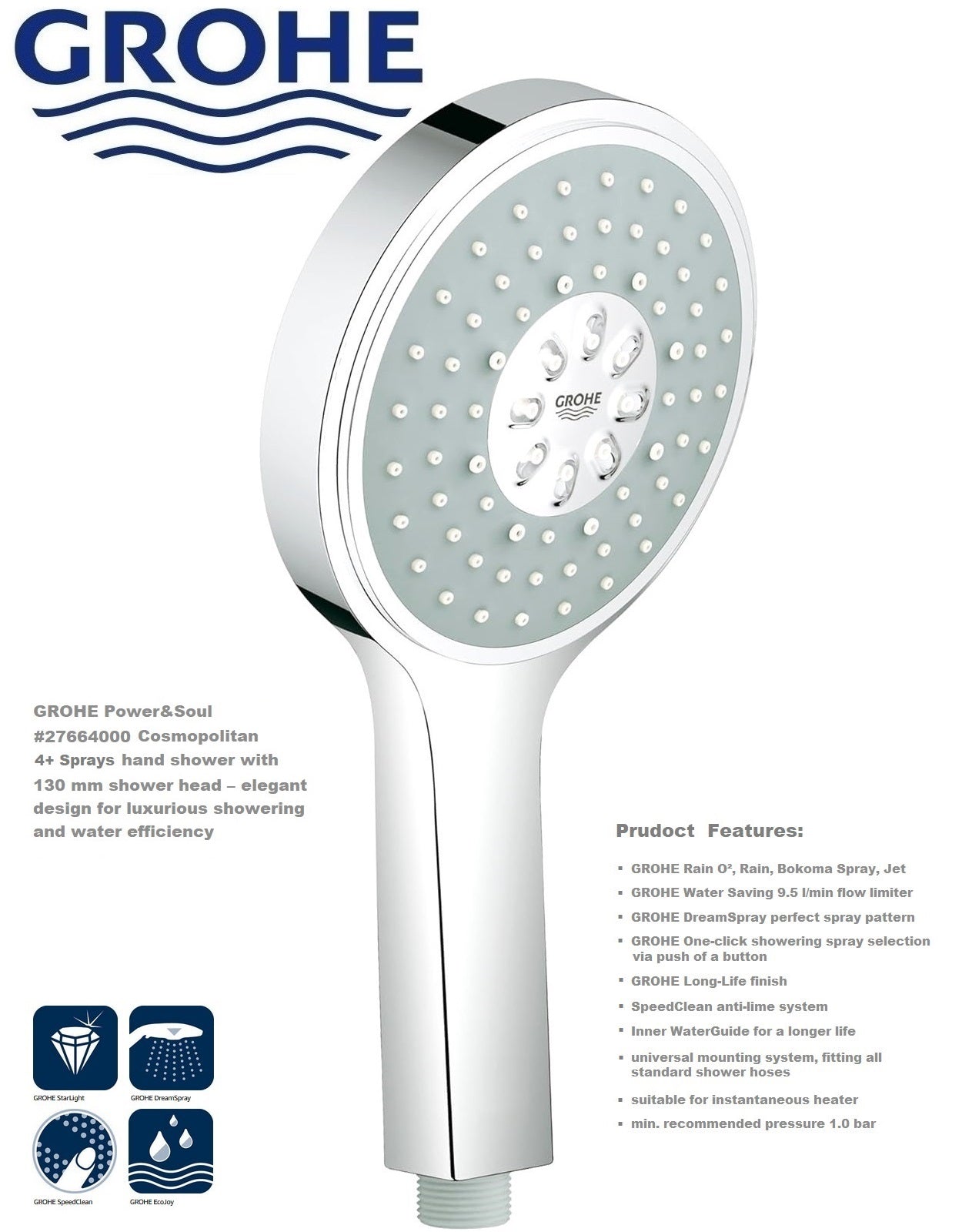 Grohe Power&Soul Cosmopolitan 4+ Sprays Extra Large 130mm HandShower G1/2"
