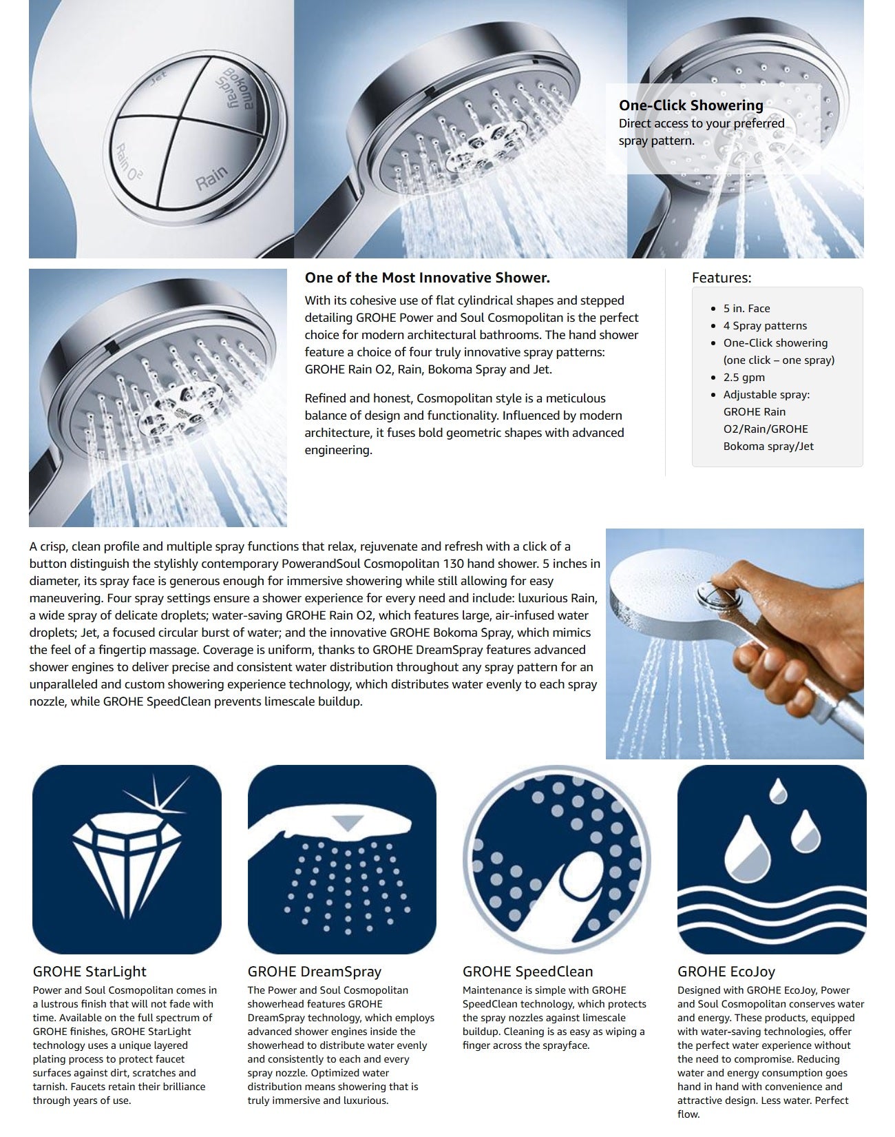 Grohe Power&Soul Cosmopolitan 4+ Sprays Extra Large 130mm HandShower G1/2"