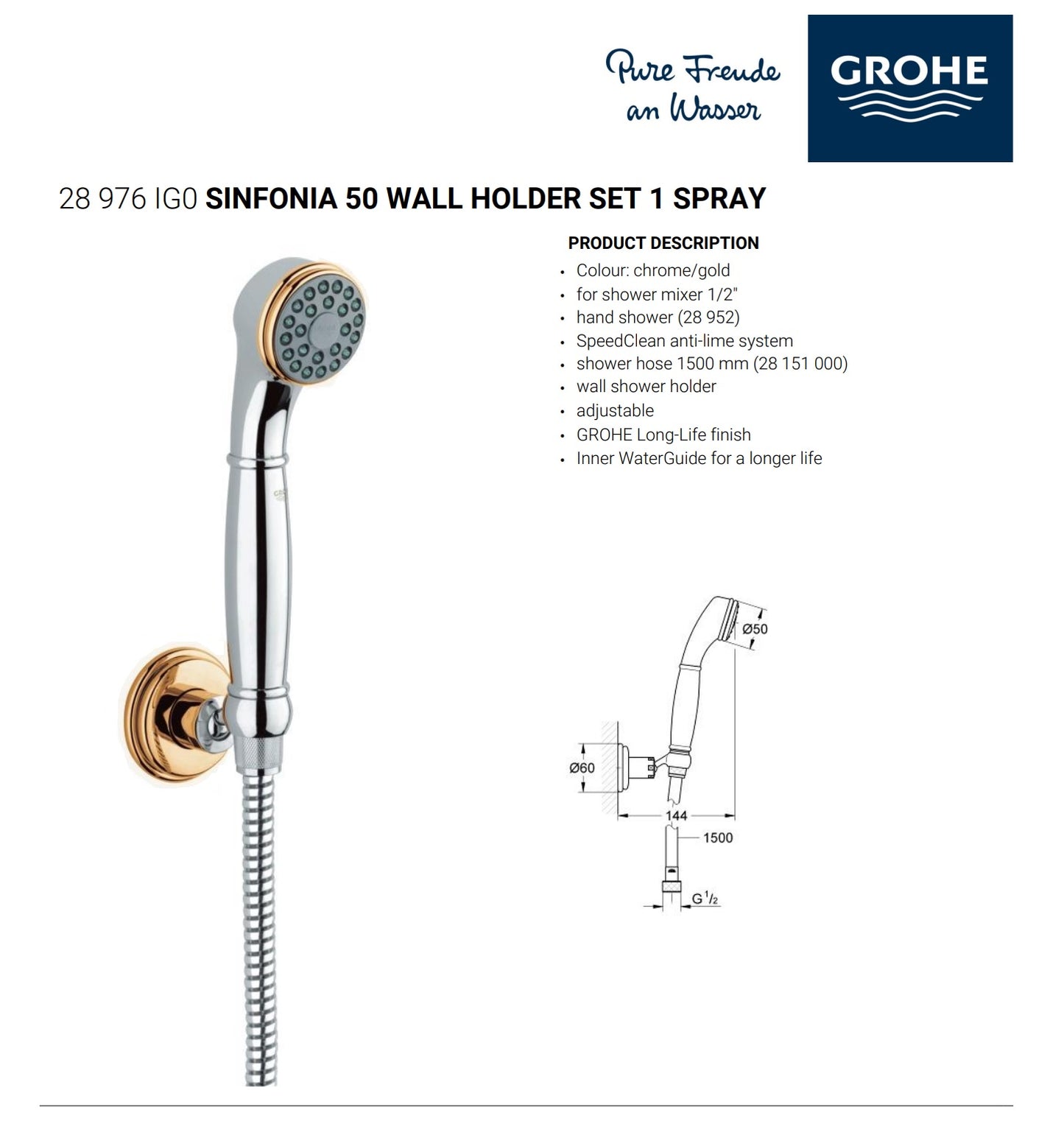 Grohe Sinfona 28976IG0 Shower set w/adjustable wall holder & shower hose 1500mm