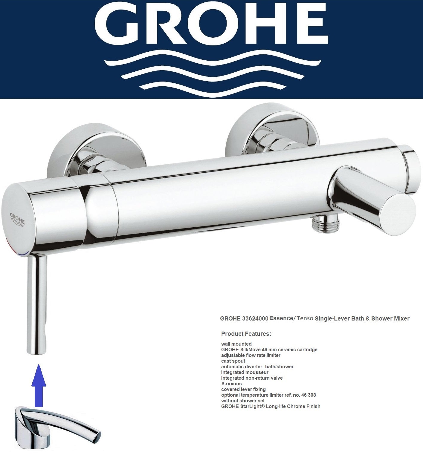 Grohe "Essence/Tenso"(special version) 33624000 wall mounted single lever bath and shower mixer. in GROHE StarLight® Chrome Finish