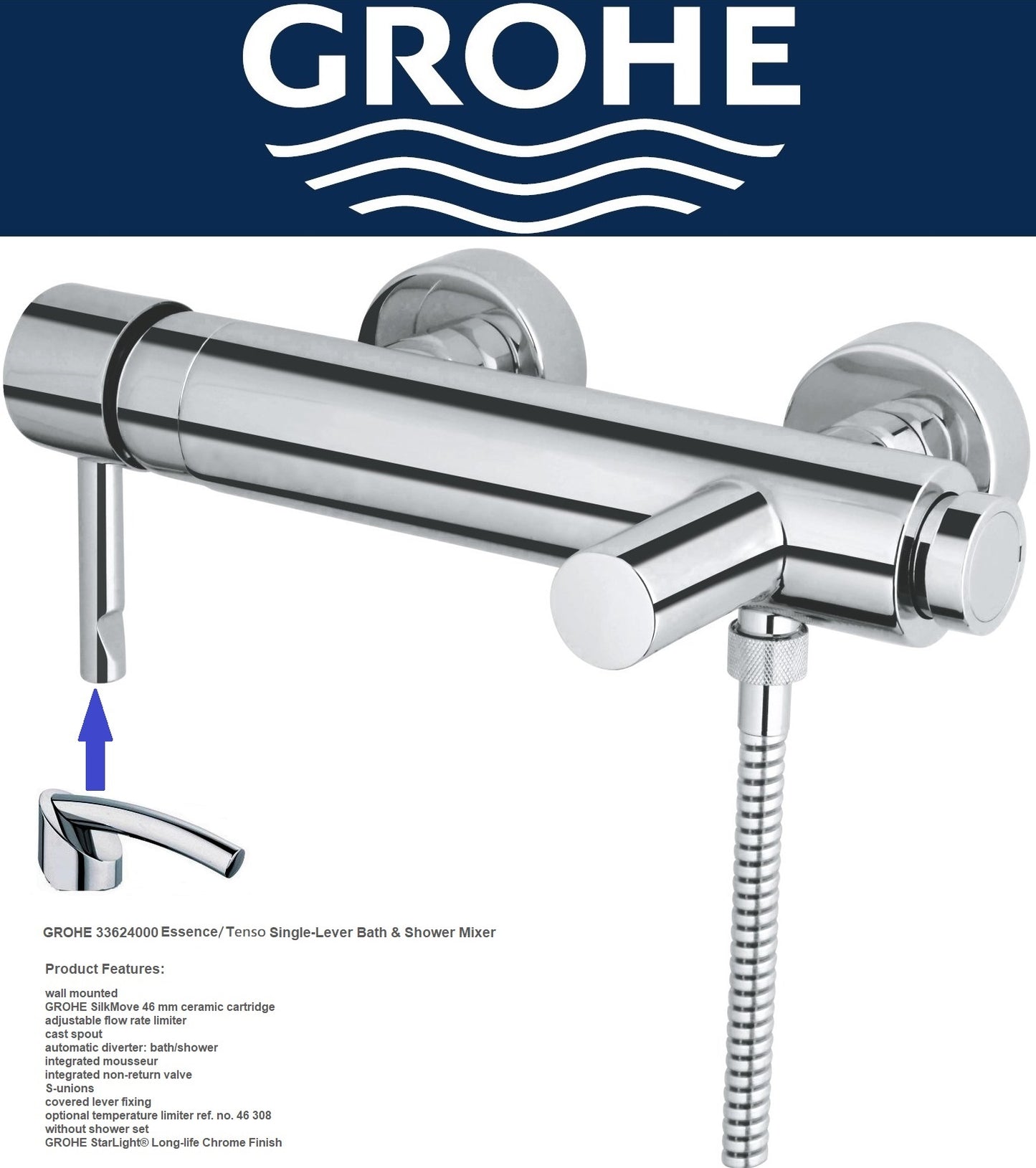 Grohe "Essence/Tenso"(special version) 33624000 wall mounted single lever bath and shower mixer. in GROHE StarLight® Chrome Finish