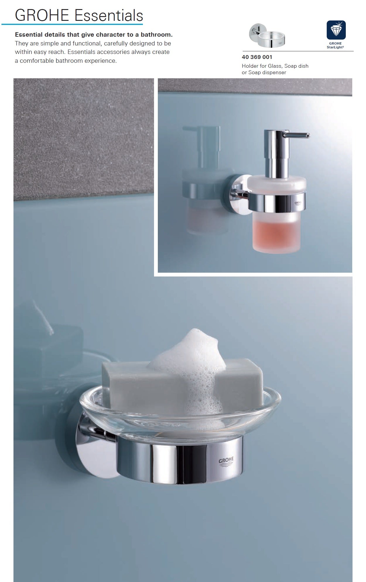 Grohe Essentials 40369001 W.M metal wall holder w/40368000 glass soap dish