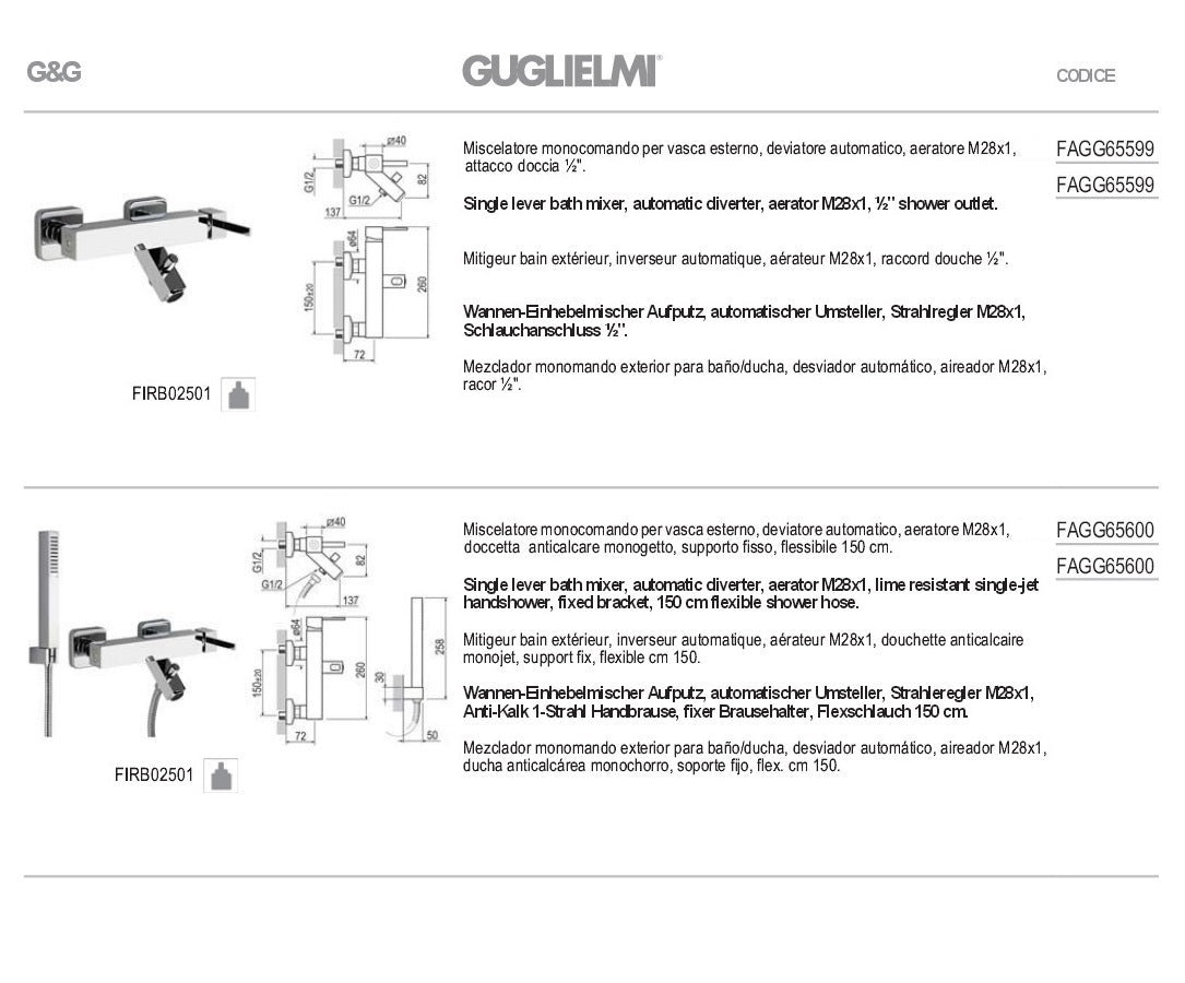 GUGLIELMI FAGG6559905 single lever bath & shower mixer w/automatic diverter 1/2" outlet