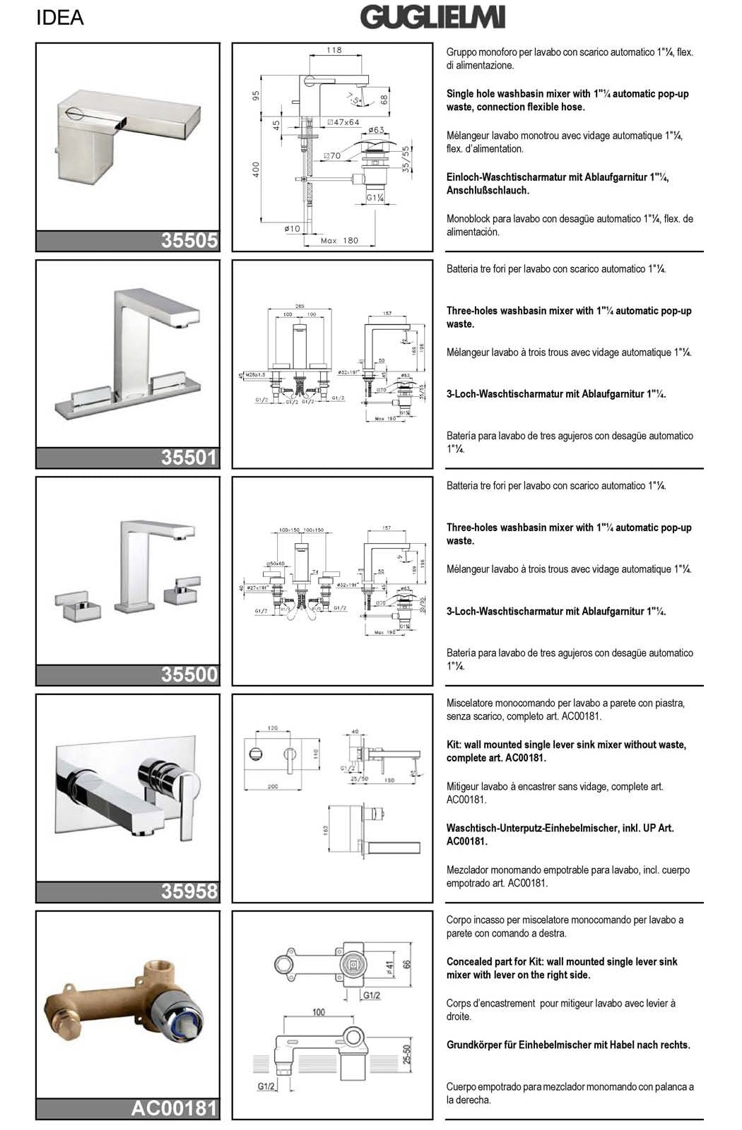 Guglielmi "Hi Water-Idea" 35500 3-Hole Basin Mixer w/Auto Pop-up Waste Set