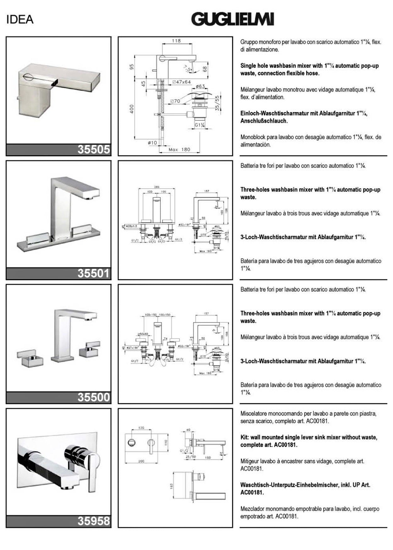 GUGLIELMI "IDEA" 35505 single hole 2-handles basin mixer w/pop-up waste