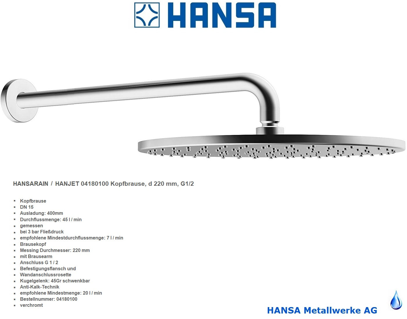 Hansa HANSARAIN 04180100 Swivel B.J Overhead Shower Ø220mm w/Shower Arm 400mm