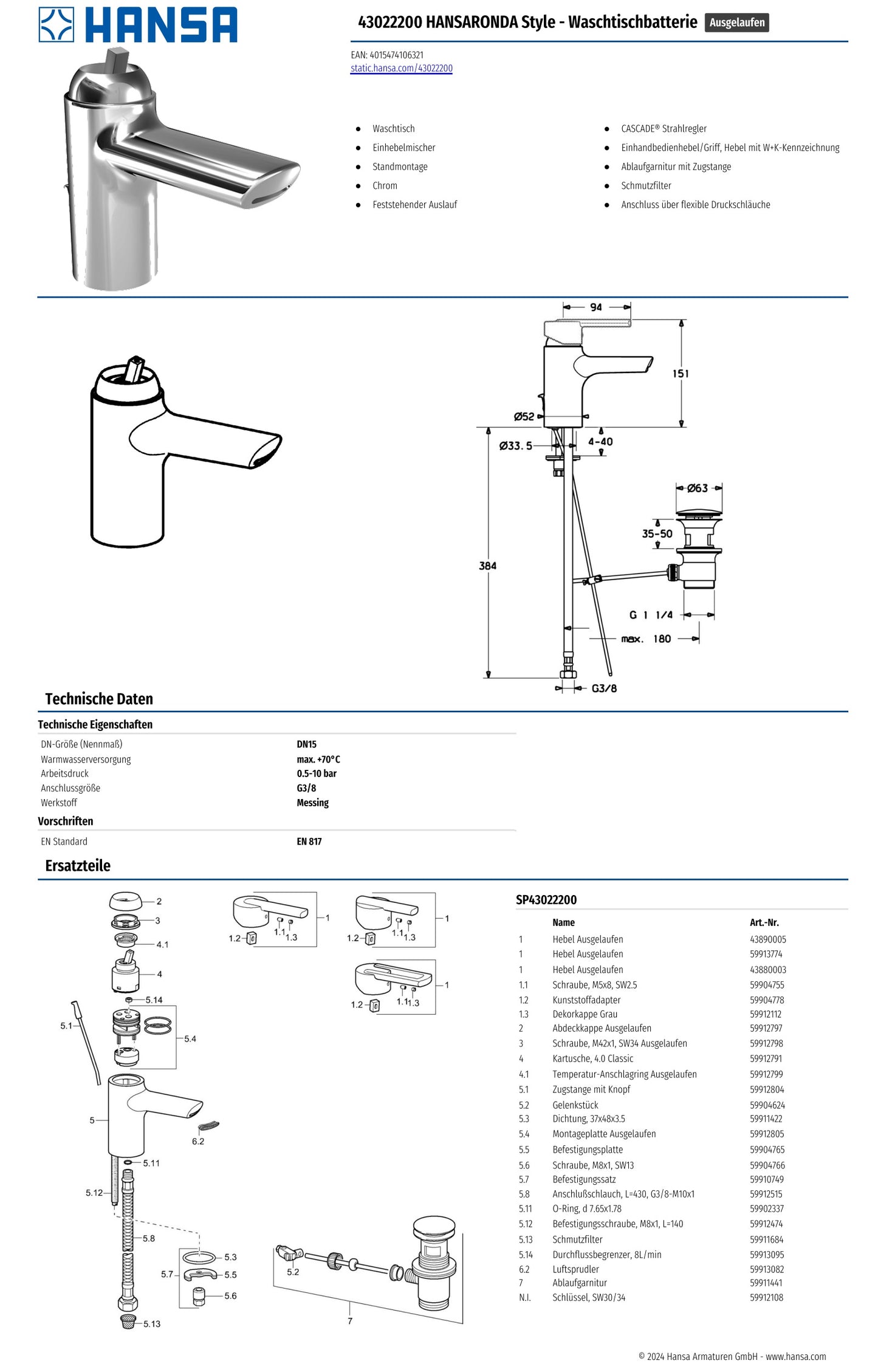 HANSARONDA Style 43022200 Single Lever Basin Mixer w/Cascade Stream Spout