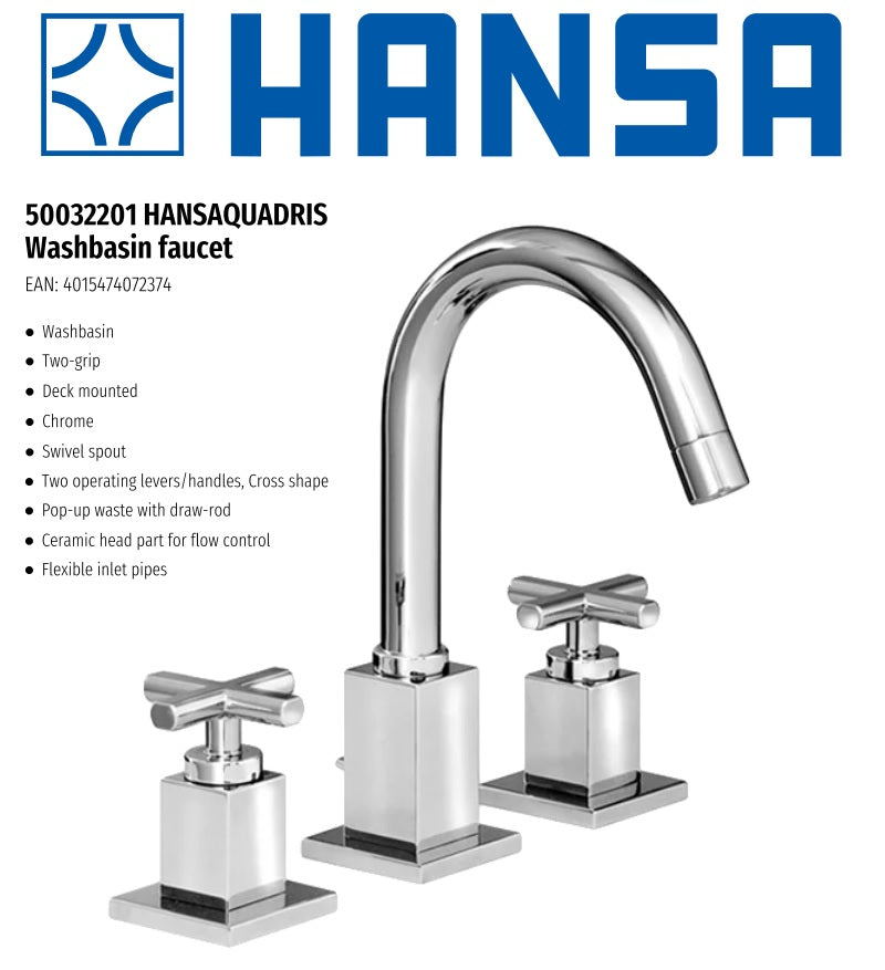 Hansaquadris 50032201 Two Handles 3-Hole Basin Mixer w/Pop-up Waste Set