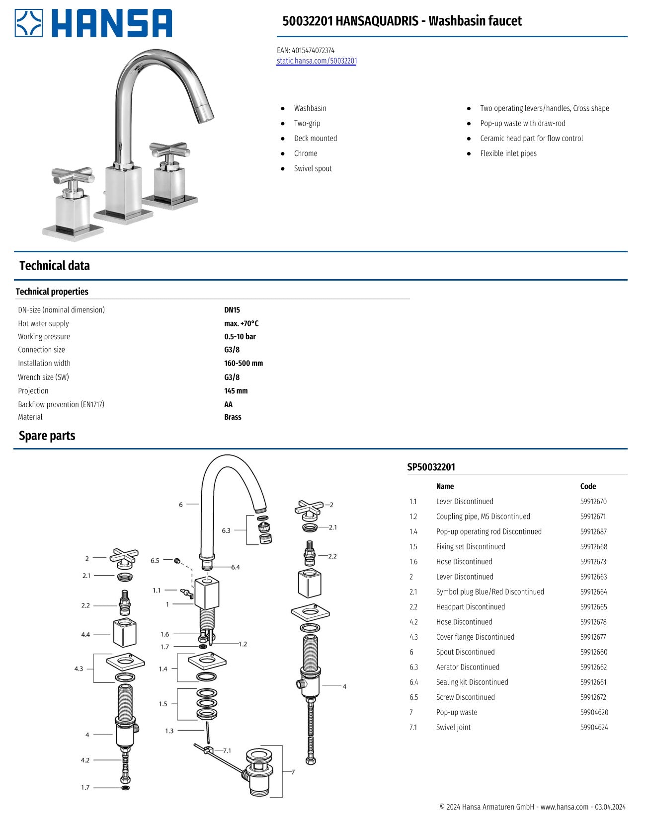 Hansaquadris 50032201 Two Handles 3-Hole Basin Mixer w/Pop-up Waste Set