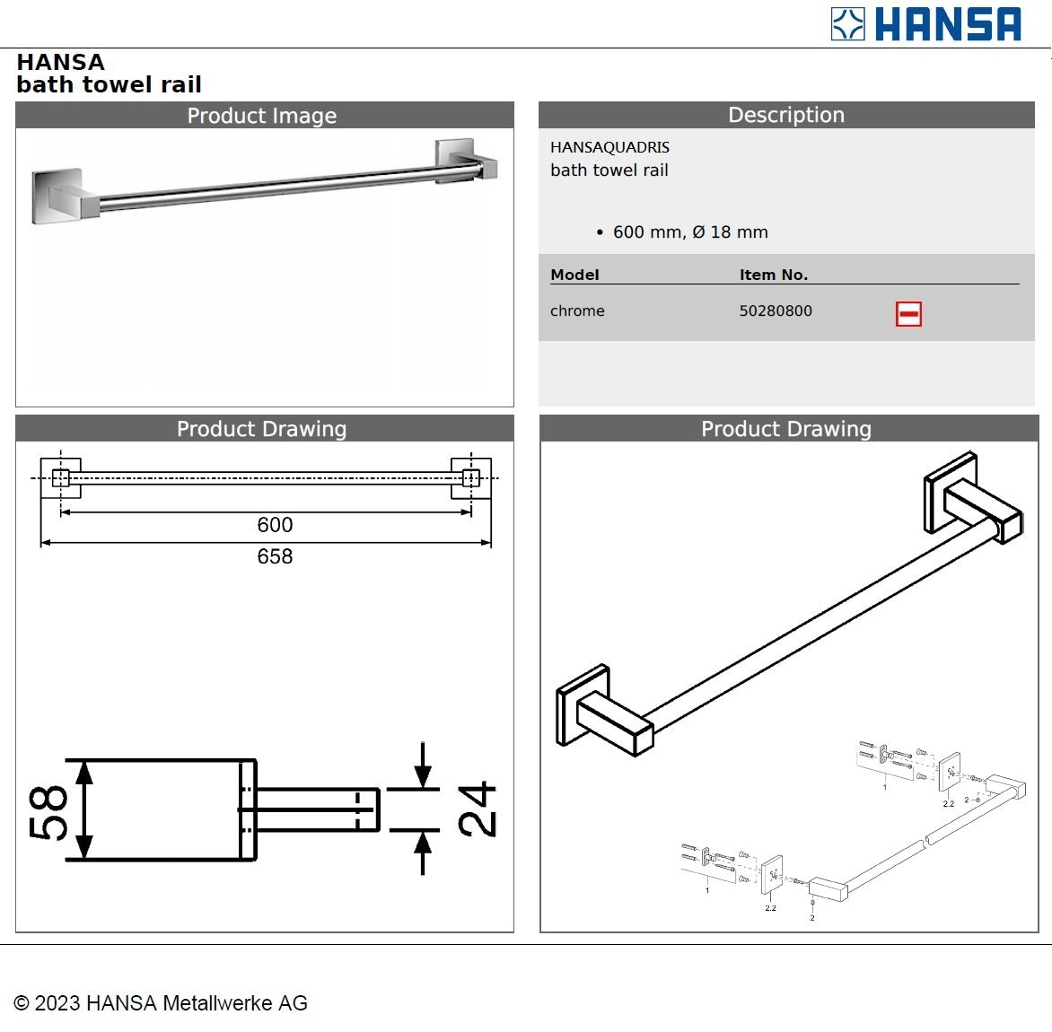 Hansa "HANSAQUADRIS" 50280800 metal bath towel holder 600mm(~24-Inch)