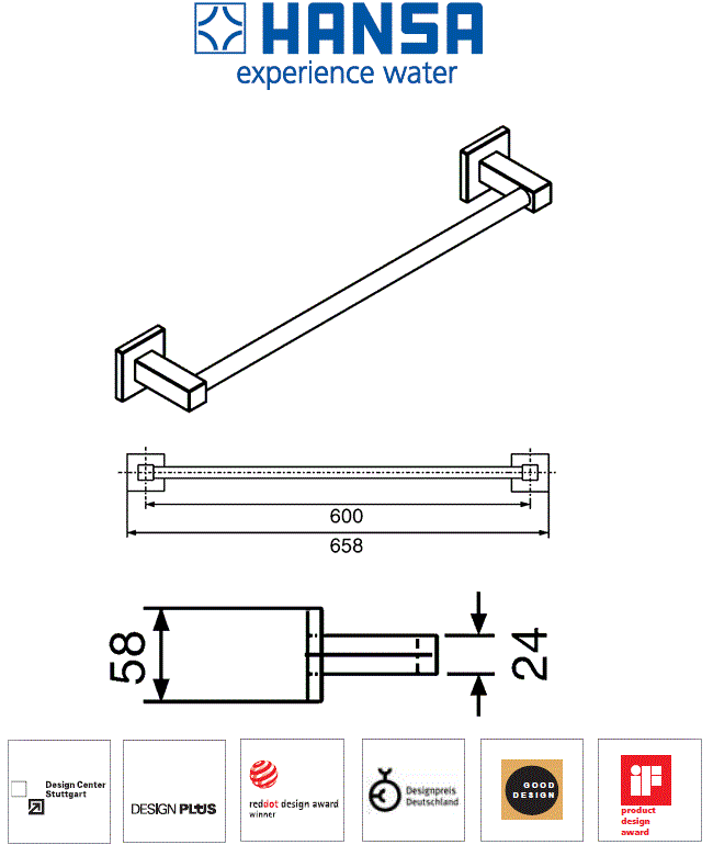 Hansa "HANSAQUADRIS" 50280800 metal bath towel holder 600mm(~24-Inch)