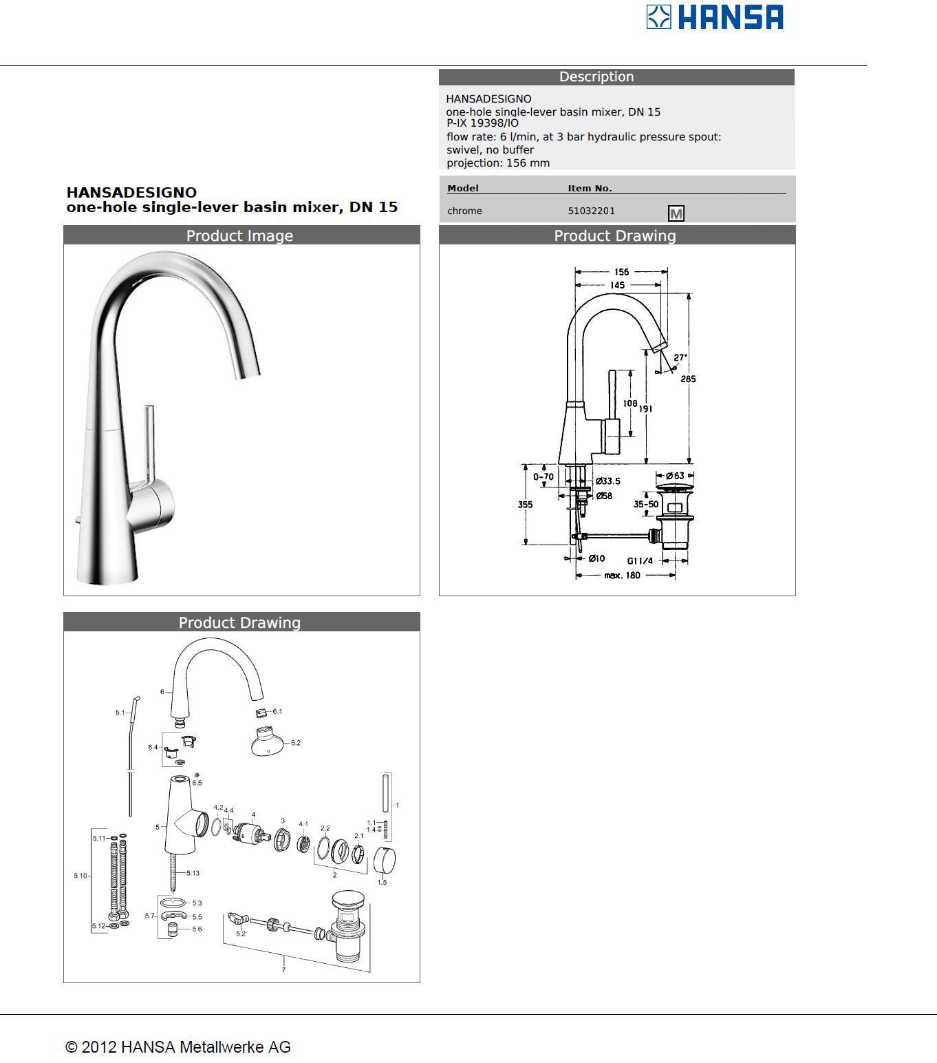 HANSADESIGNO 51032201 single lever swivel spout basin mixer w/pop-up waste