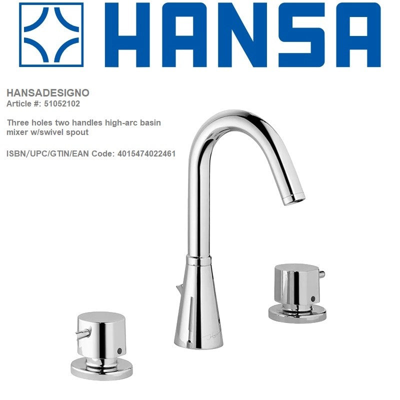 HANSADESIGNO 51052102 Three Hole High-Arc Swivel Spout Basin Mixer w/Pop-up Waste