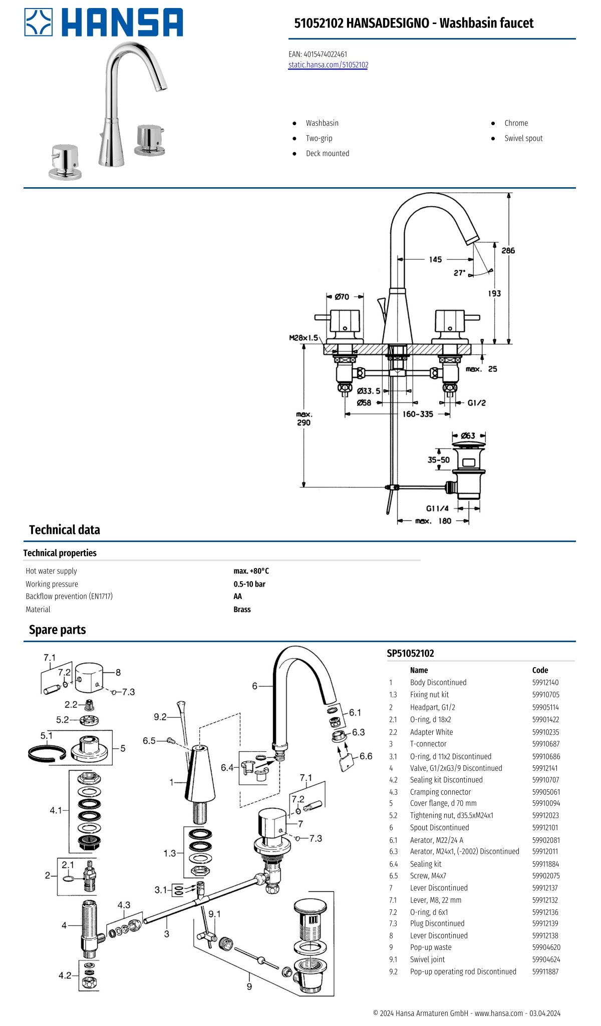 HANSADESIGNO 51052102 Three Hole High-Arc Swivel Spout Basin Mixer w/Pop-up Waste