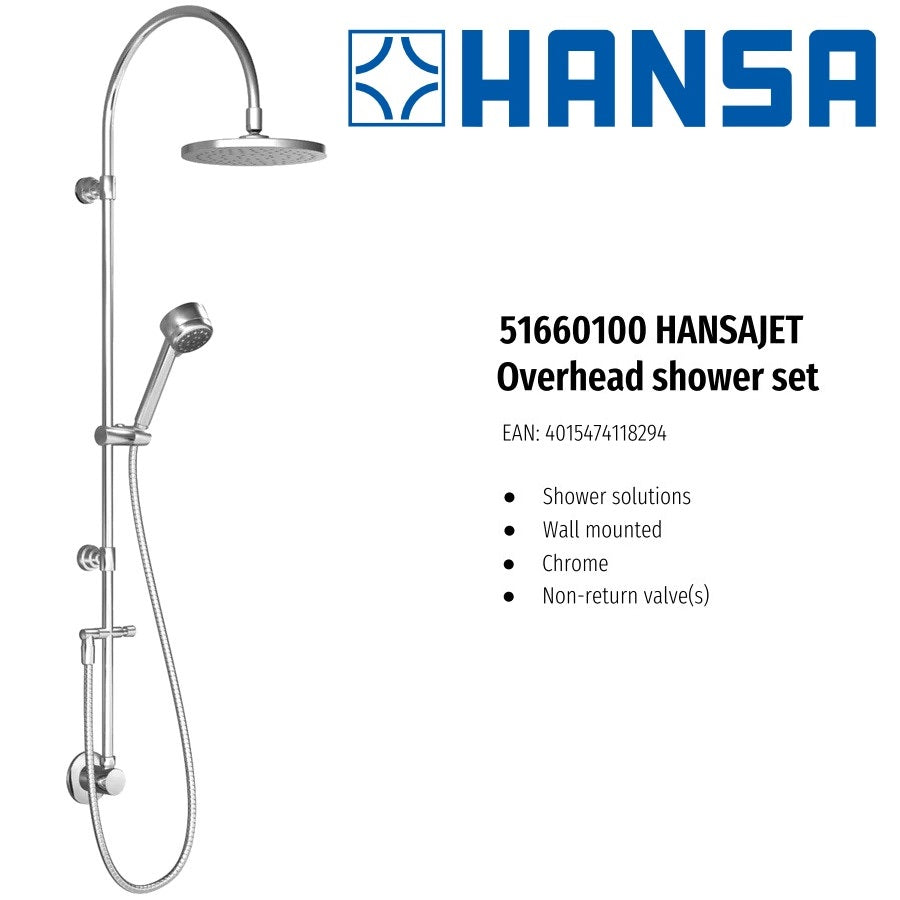 HANSAJET 51660100 Shower System for Direct Connection w/Rain Showerhead, Elbow, Handshower & S.Hose