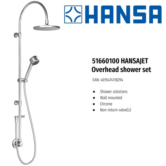 HANSAJET 51660100 Shower System for Direct Connection w/Rain Showerhead, Elbow, Handshower & S.Hose