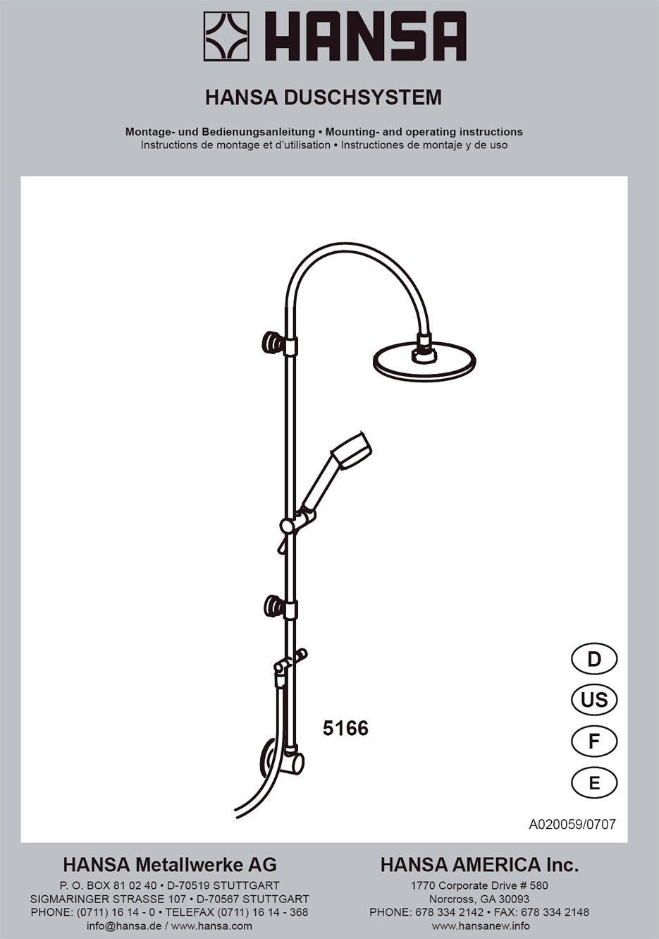 HANSAJET 51660100 Shower System for Direct Connection w/Rain Showerhead, Elbow, Handshower & S.Hose