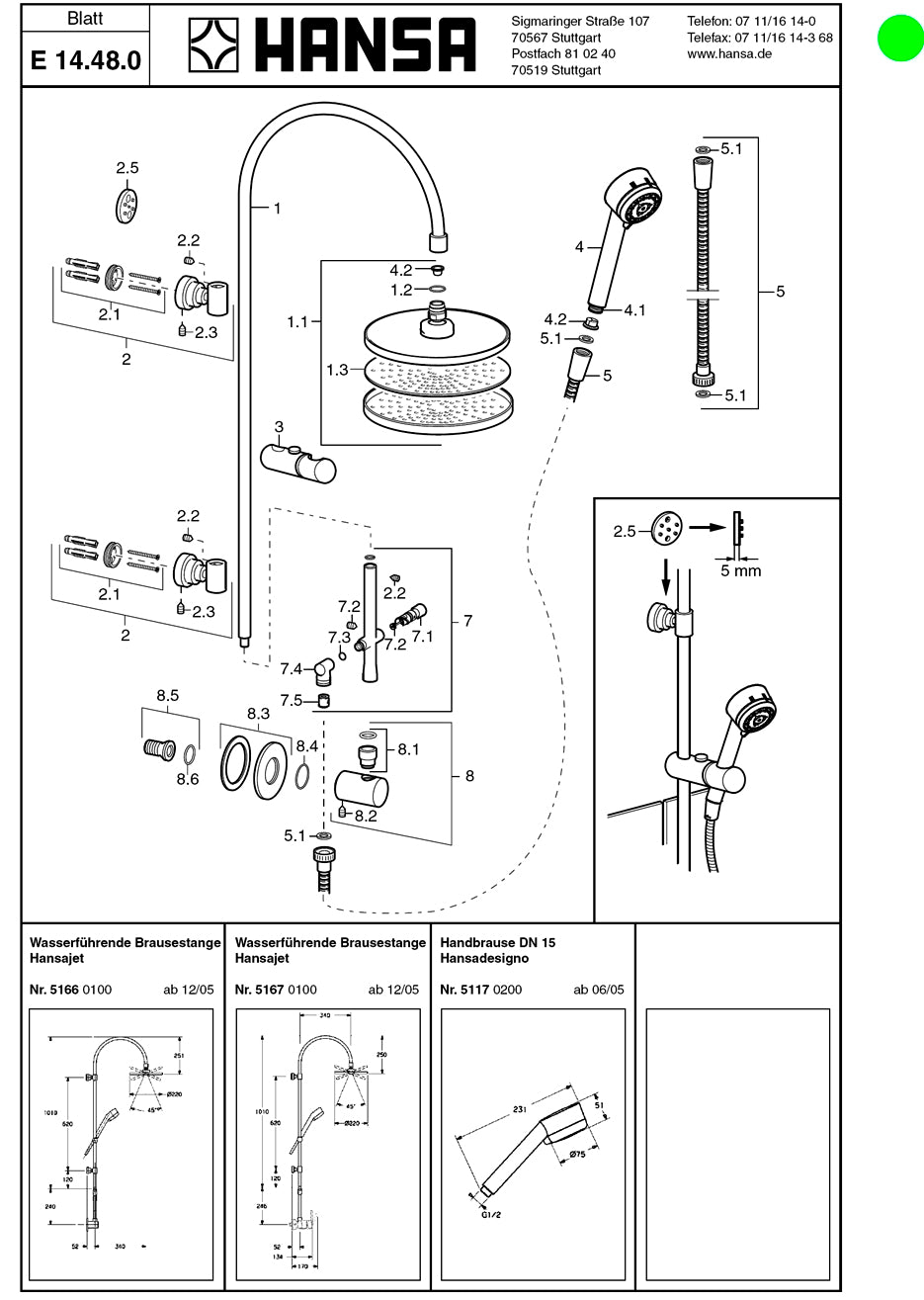 HANSAJET 51660100 Shower System for Direct Connection w/Rain Showerhead, Elbow, Handshower & S.Hose