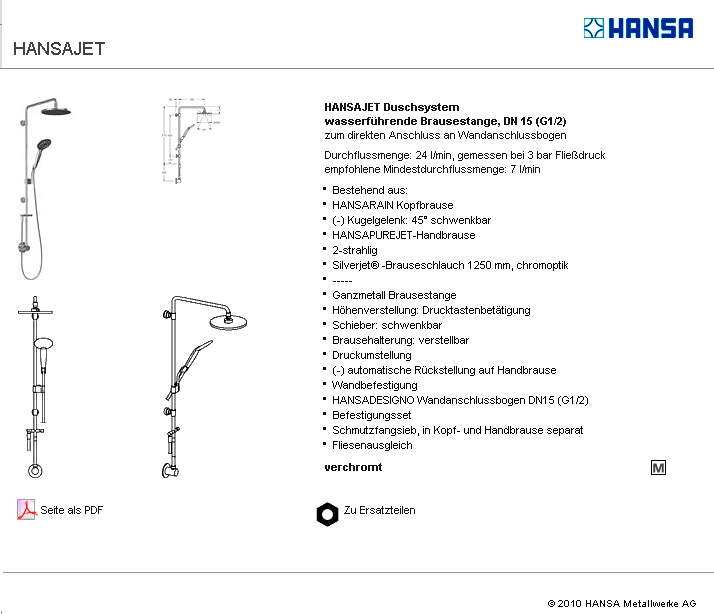 HANSAJET 51660100 Shower System for Direct Connection w/Rain Showerhead, Elbow, Handshower & S.Hose