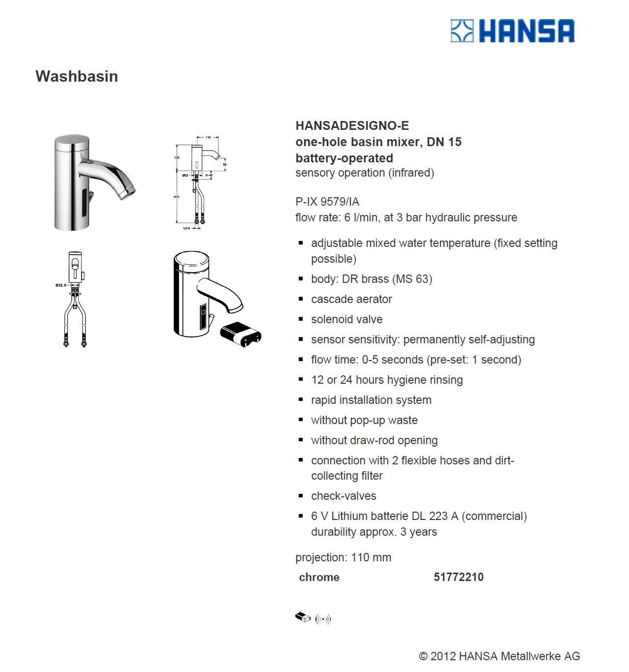 HansaDesigno E 51772210 Electronic Sensor Infrared Basin Mixer Battery-Operated