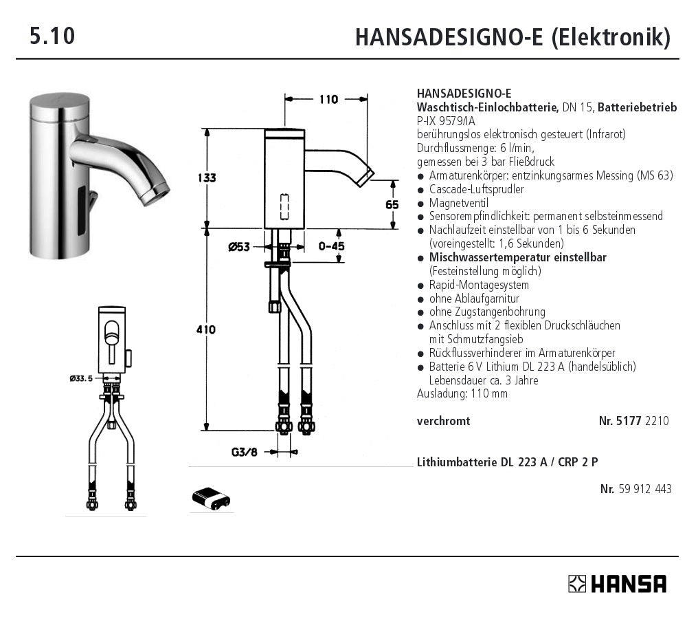 HansaDesigno E 51772210 Electronic Sensor Infrared Basin Mixer Battery-Operated