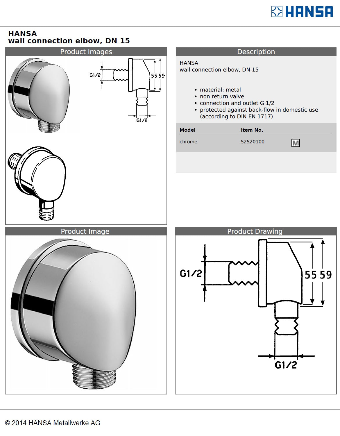 HANSAVANTIS 52520100 metal wall connection elbow w/non-return valve DN15