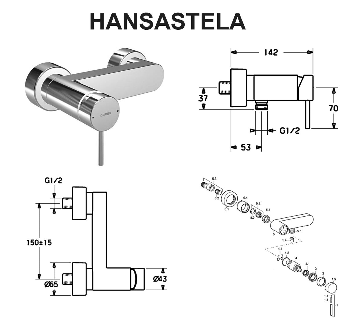 Hansa "HANSASTELA" 57670101 Wall Mounted Single Lever Shower Mixer ...