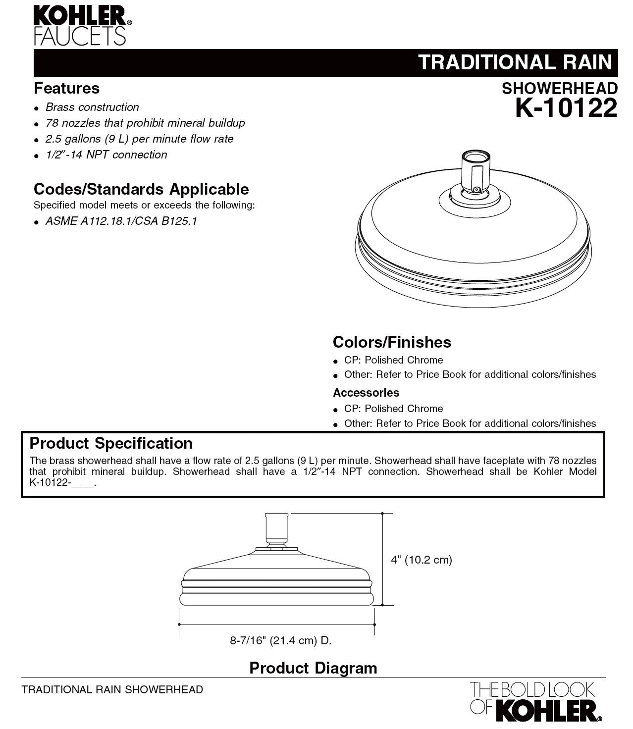 Kohler K-10122-CP Traditional Design MasterClean Rain Showerhead w/78 Nozzles