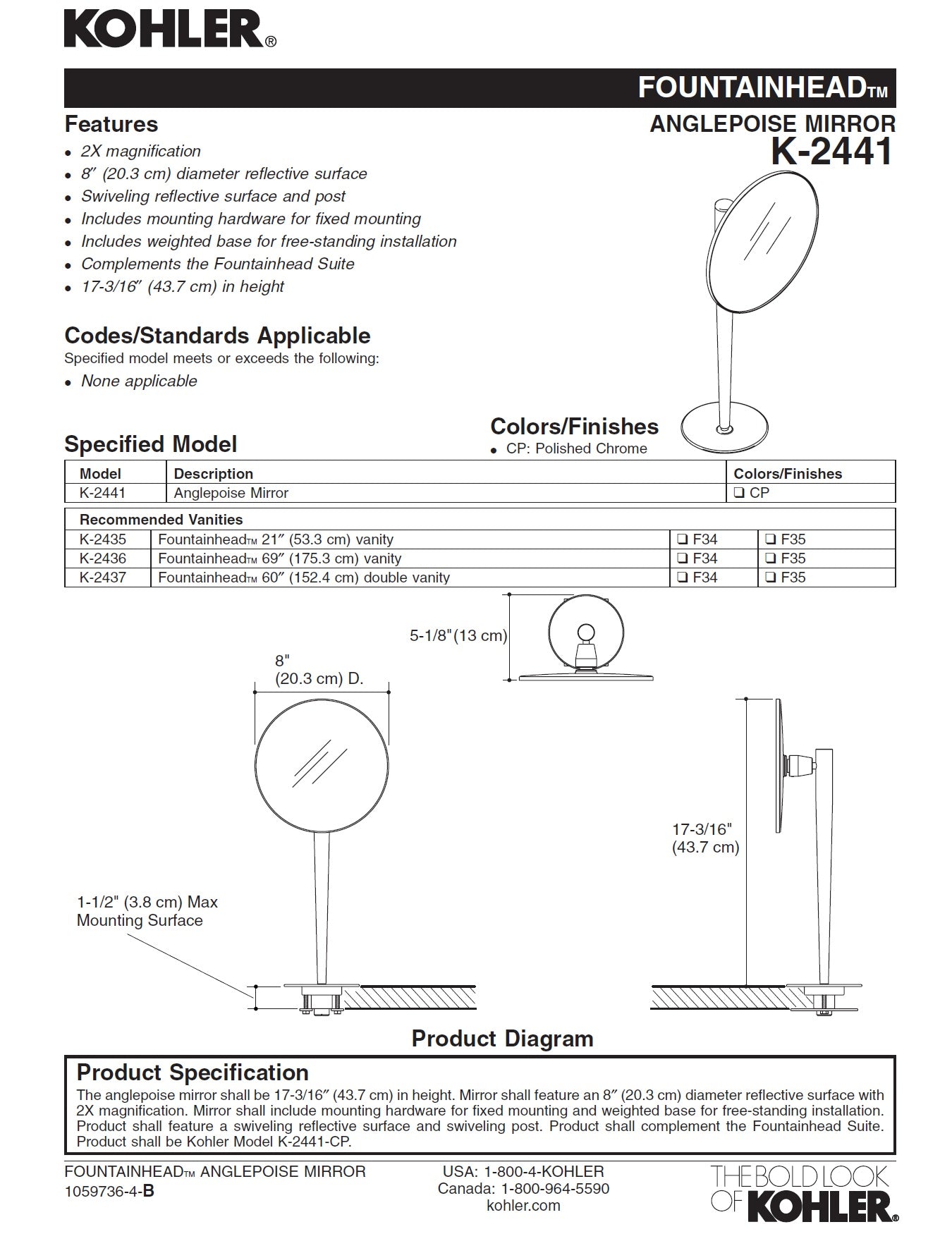 Kohler K-2441-CP 8" swiveling reflective surface & post 2X magnification mirror w/base