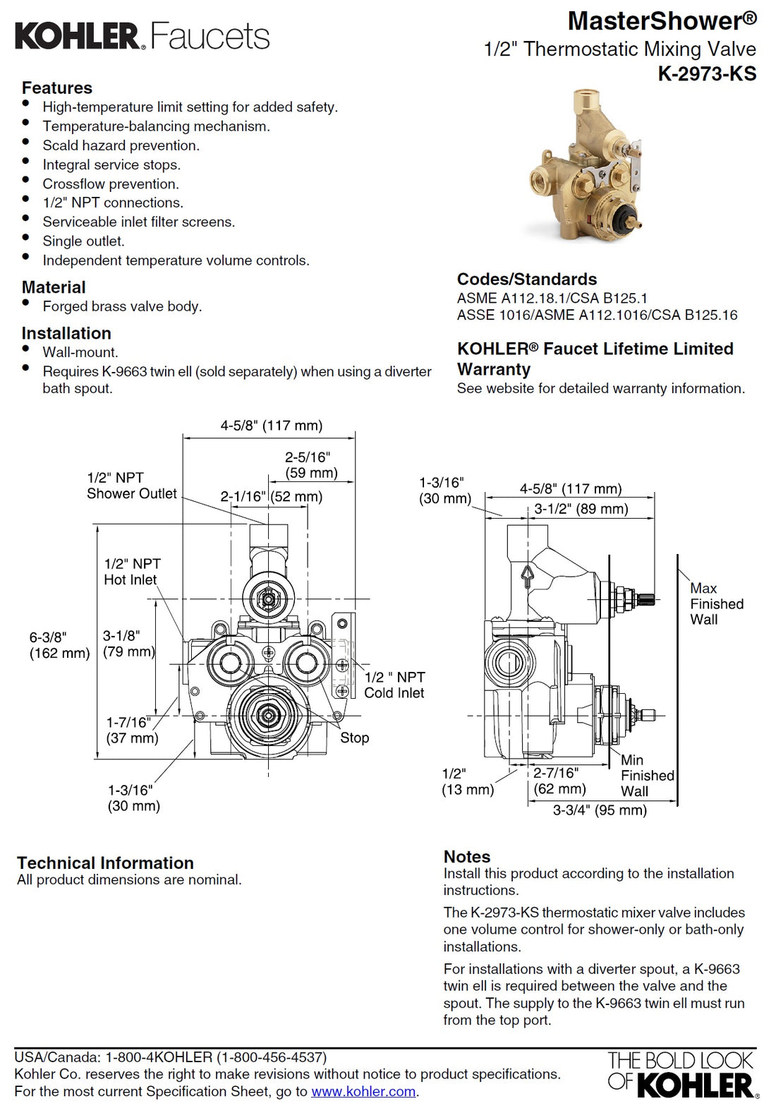 Kohler K-2973-KS-NA thermostatic valve w/integrated volume control and ...