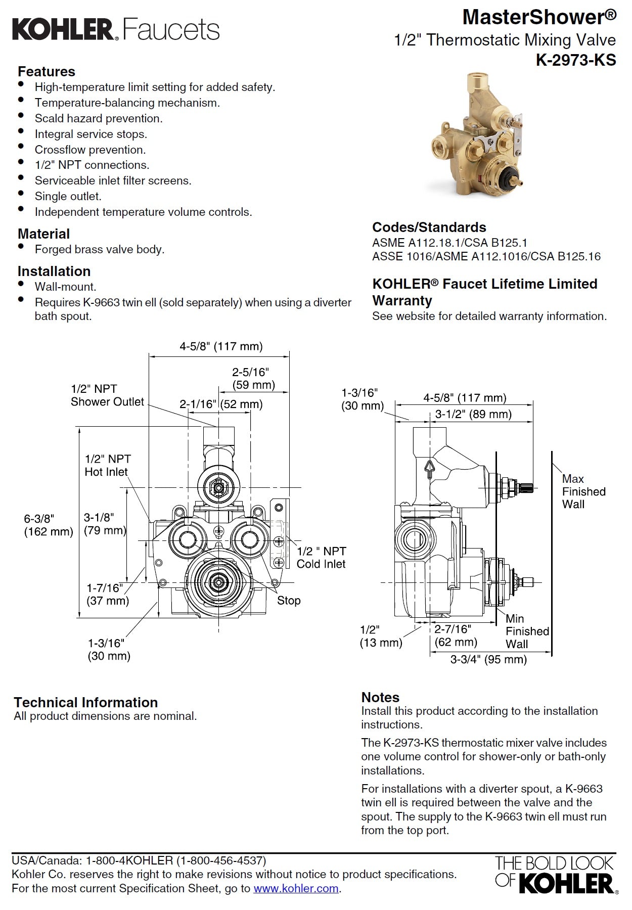 Kohler K-2973-KS-NA thermostatic valve w/integrated volume control and stops