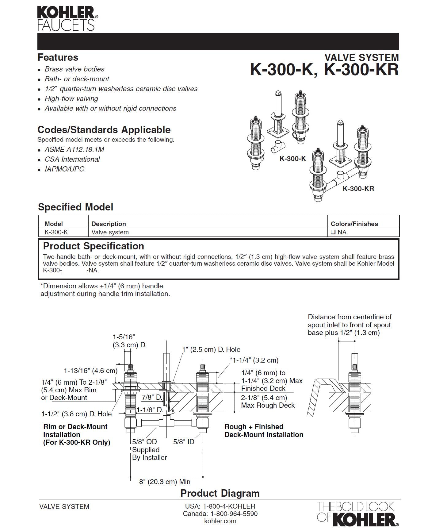 KOHLER K-300-K-NA 1/2" Ceramic High-Flow Valve System