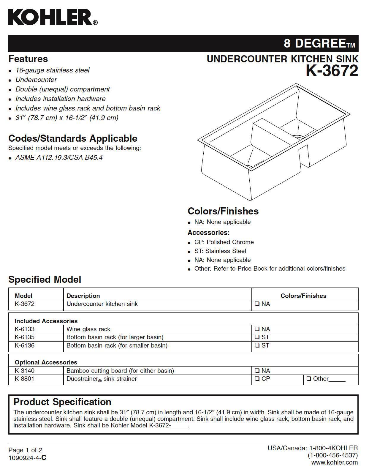 Kohler 8 Degree™ K-3672-NA 33" Double-Bowl Undermount 16-gauge S.Steel Kitchen Sink