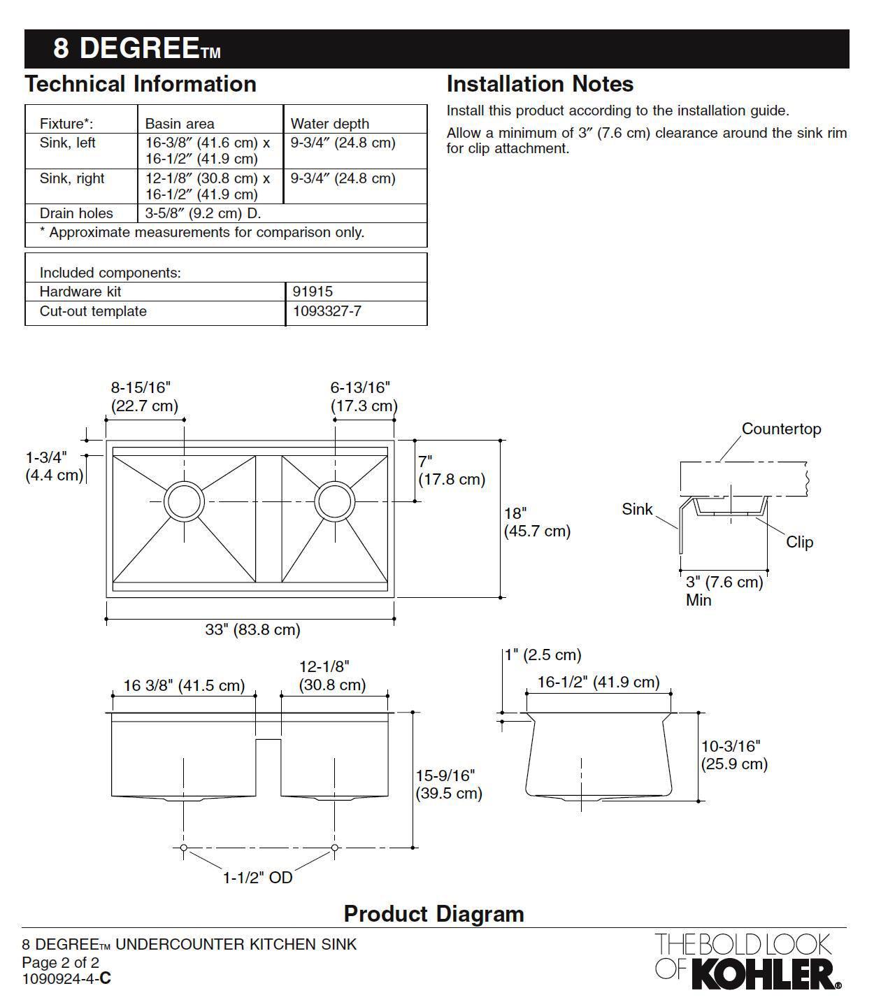 Kohler 8 Degree™ K-3672-NA 33" Double-Bowl Undermount 16-gauge S.Steel Kitchen Sink