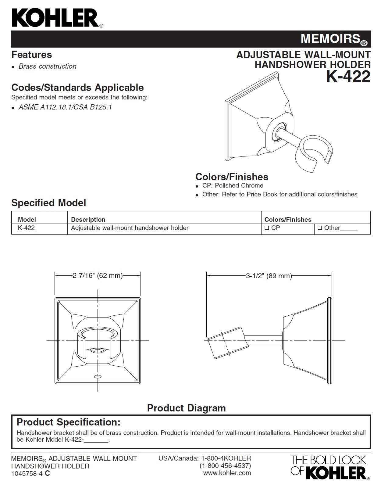 Kohler Memoirs K-419/K-422/K-9514 HandShower w/Bracket+Shower Hose in Brushed Nickel