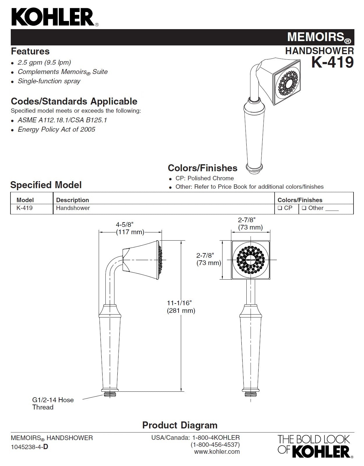 Kohler Memoirs K-419/K-422/K-9514 HandShower w/Bracket+Shower Hose in Brushed Nickel