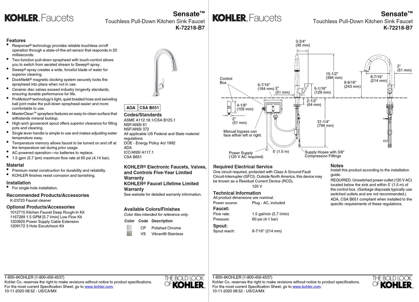 Kohler Sensate K-72218T-B7-CP Touchless kitchen faucet w/black accents+pull-down