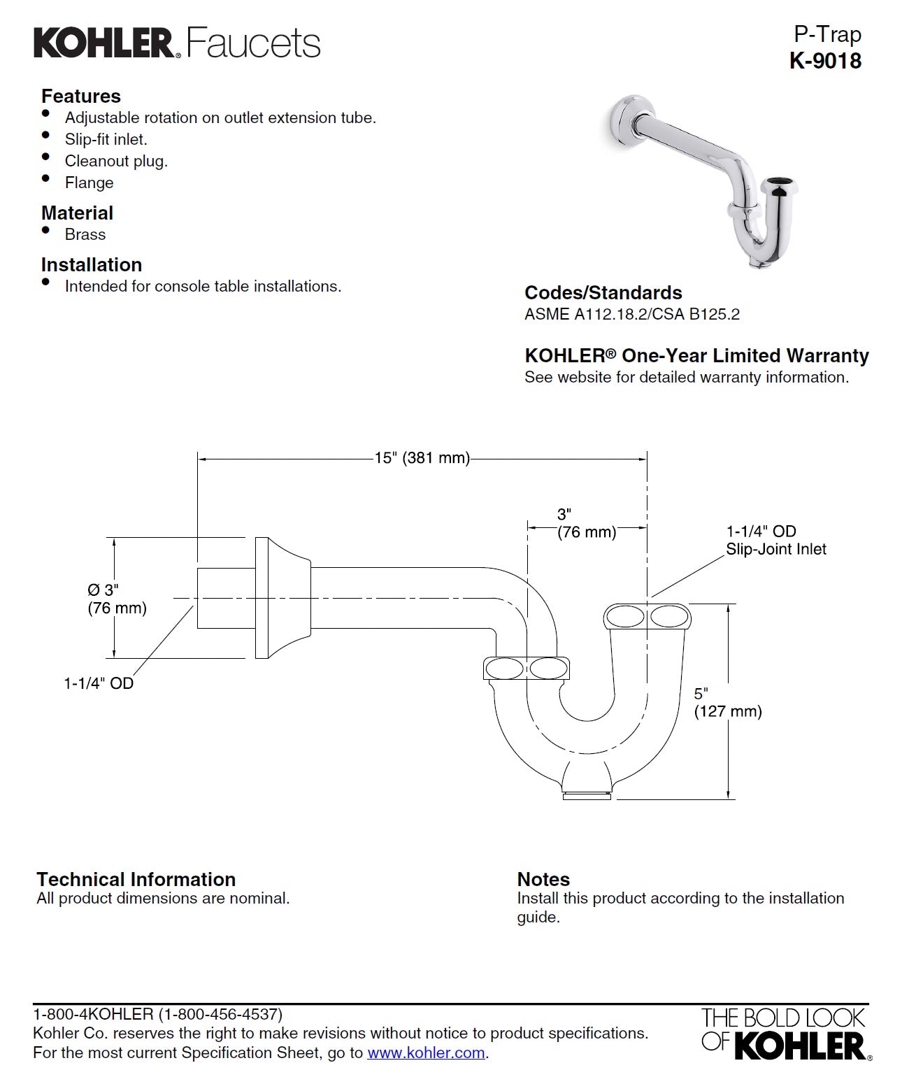 Kohler K-9018-CP Adjustable P-trap w/long tubing outlet 1-1/4" x 1-1/4"