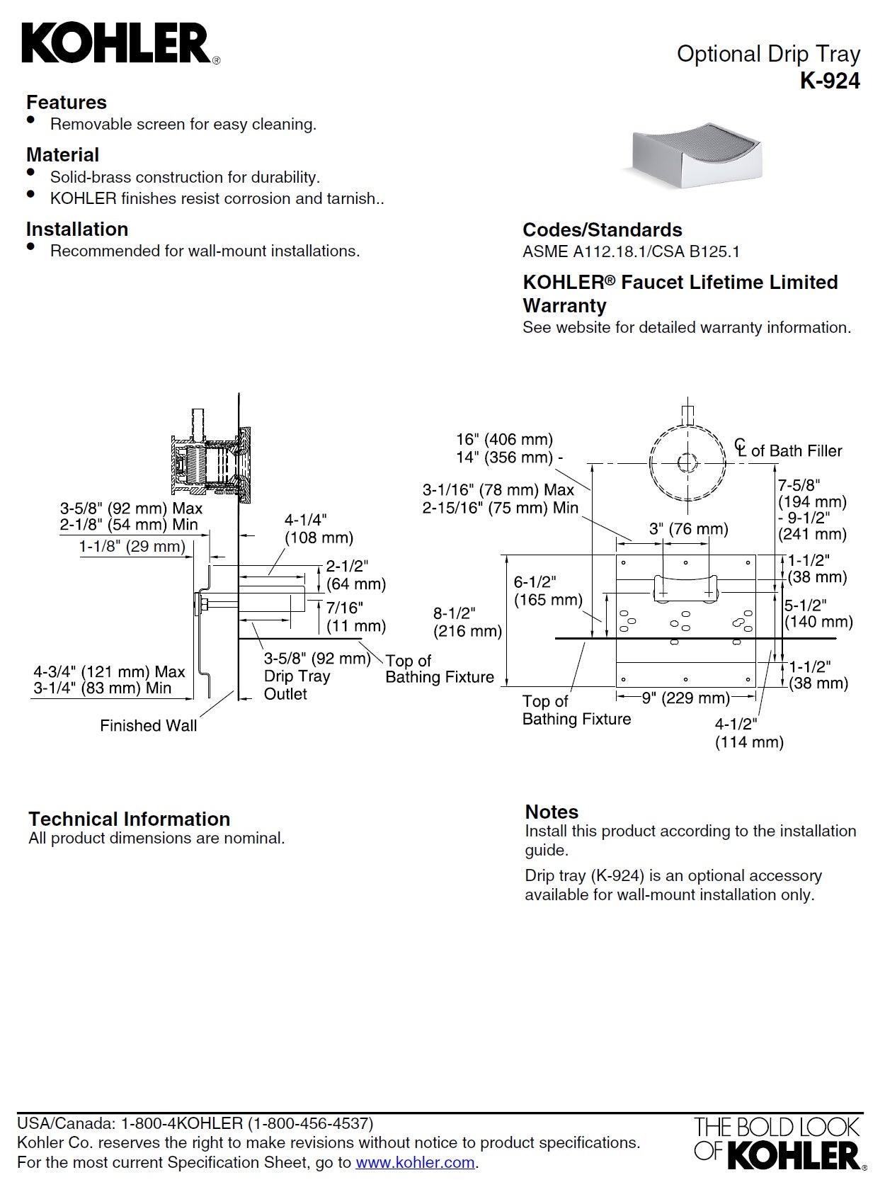 Kohler Stillness K-924-SN Optional Drip Tray w/Removable Screen in Pol.Nickel