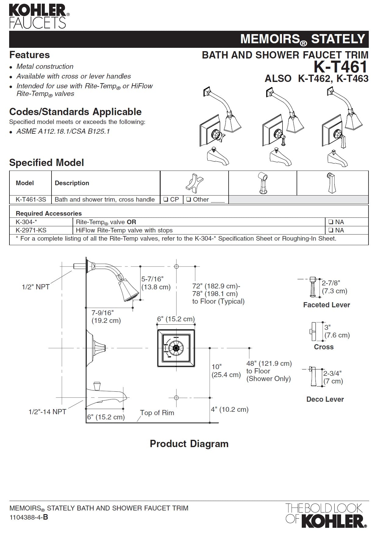 Kohler Memoirs K-T461-3S-BV pressure-balancing B/S faucet trim w/cross handle