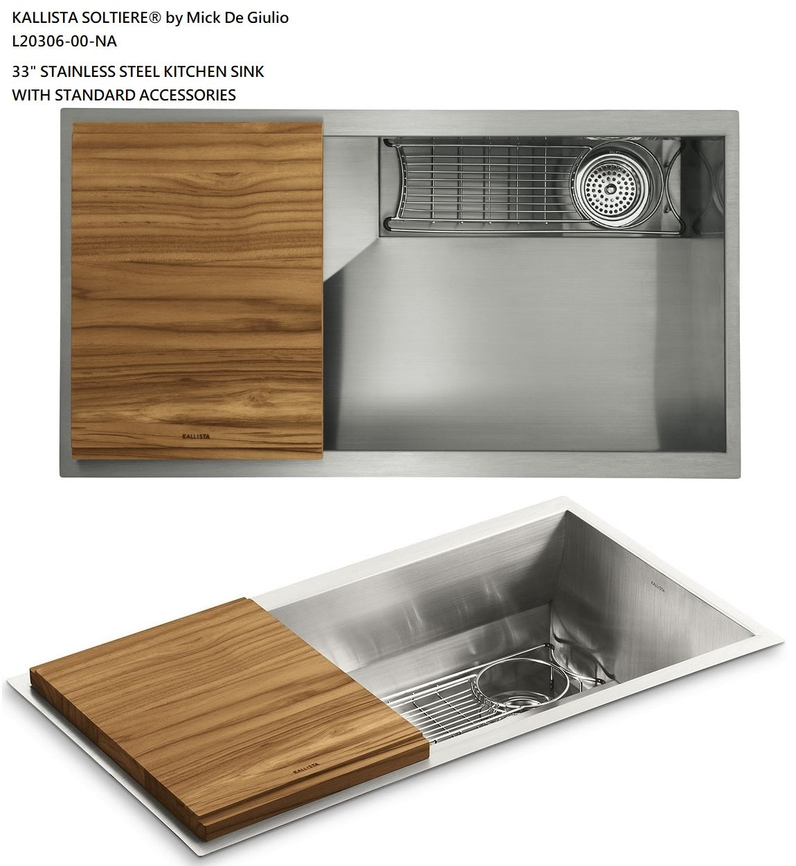 Kallista Soltiere® L20306-00-NA 33" S.S kitchen sink w/accessories + P34000-00-AG sink strainer