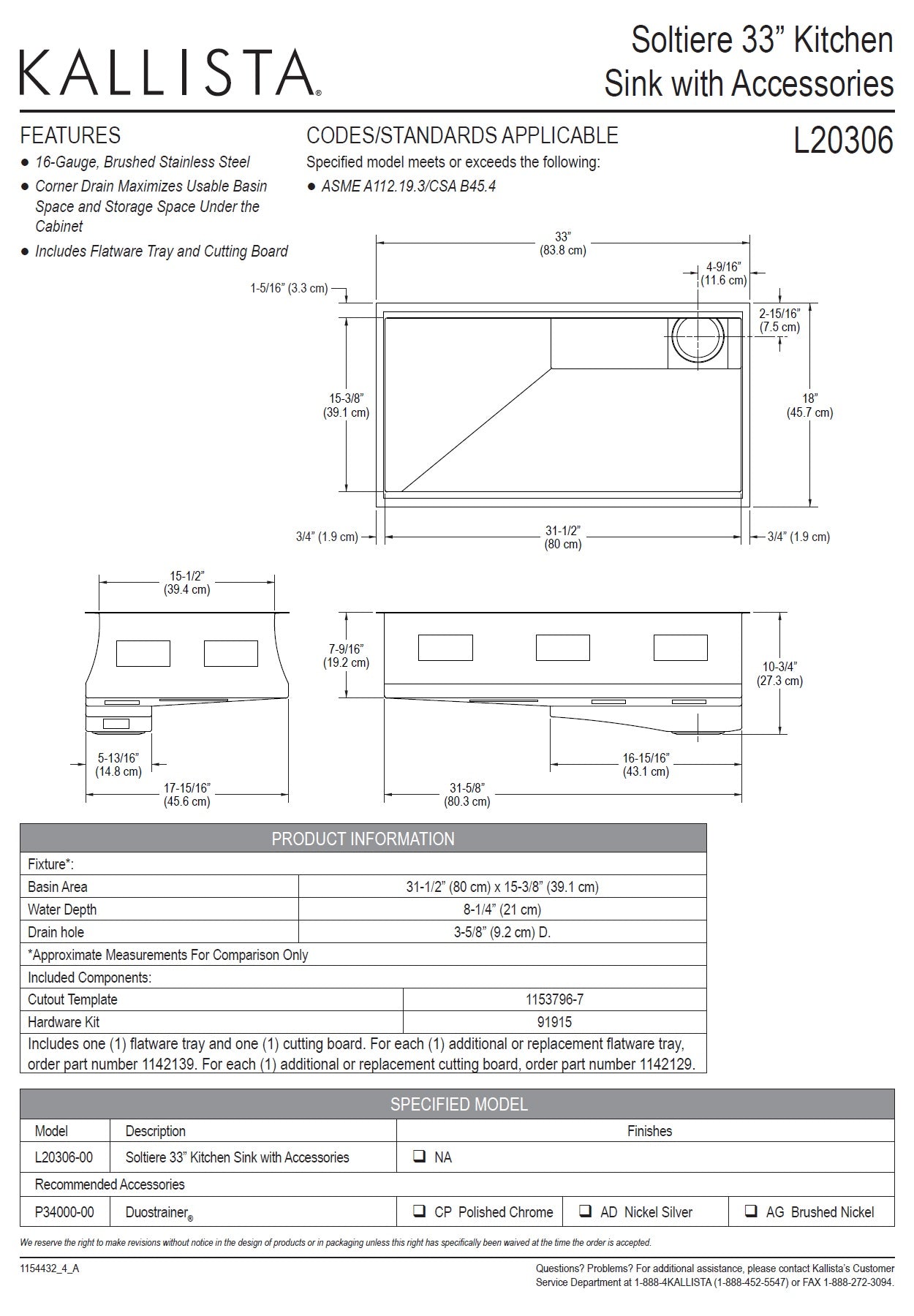 Kallista Soltiere® L20306-00-NA 33" S.S kitchen sink w/accessories + P34000-00-AG sink strainer